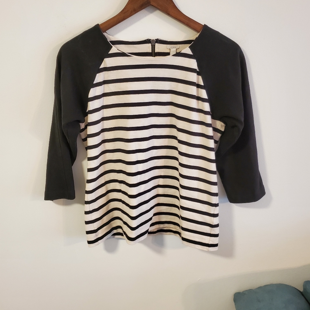 J Crew cotton striped black and white zip back tee size Medium neutral layering